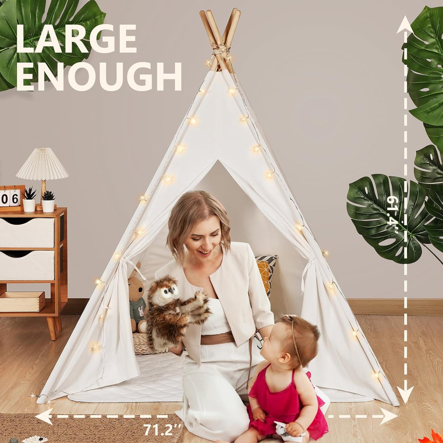 Teepee Tent for Kids with Carry Case, Natural Canvas Teepee Play Tent, Toys for Girls/Boys Indoor & Outdoor Playing (White Teepee Tent)