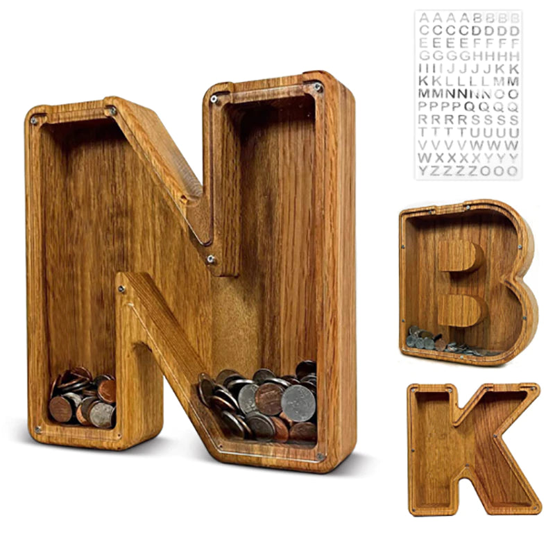 Twenty-Six English Alphabet Moneybox Coin Money Piggy Bank Wooden Letter Saving Box Desktop Ornament Home Decor Crafts for Kids