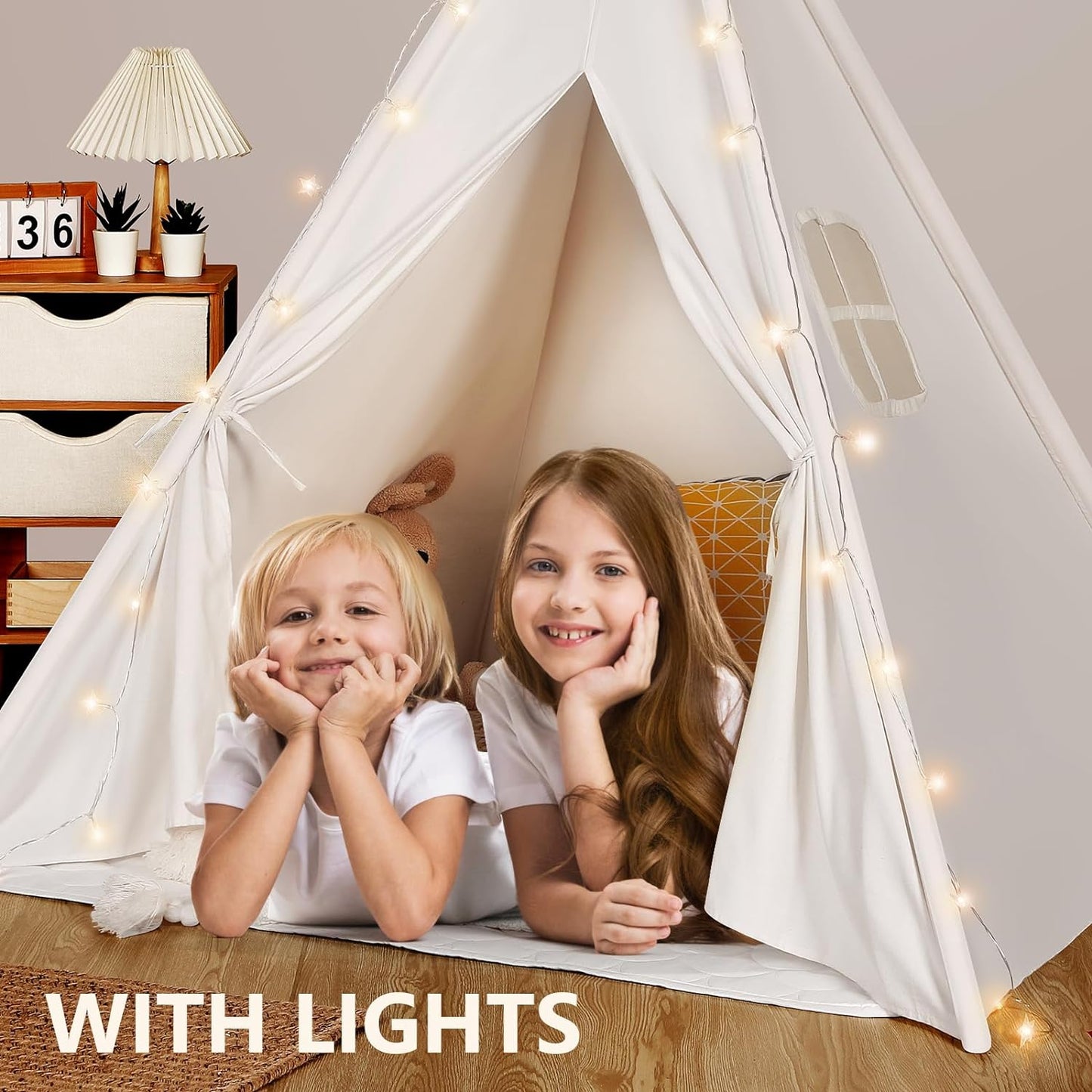 Teepee Tent for Kids with Carry Case, Natural Canvas Teepee Play Tent, Toys for Girls/Boys Indoor & Outdoor Playing (White Teepee Tent)