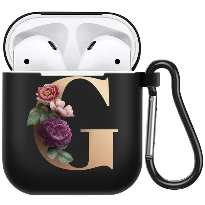 Cute Floral Gold Initial Alphabet Letter Airpods Case for Airpod 2 Cases Silicone Wireless Charging Earphone Cover Matte Black