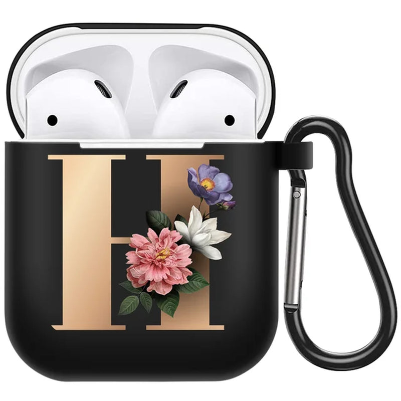 Cute Floral Gold Initial Alphabet Letter Airpods Case for Airpod 2 Cases Silicone Wireless Charging Earphone Cover Matte Black