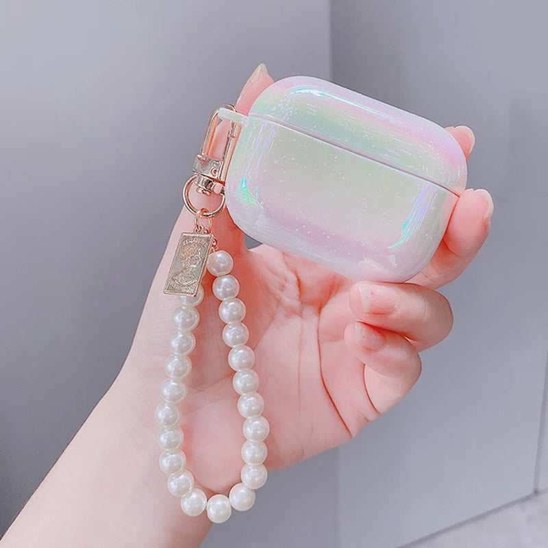 Green Marble Colored Flowers Leopard Print Shell for Airpods Case Cute Bluttooth Earphone Cover for Airpods 2 3 Pearl Keychain