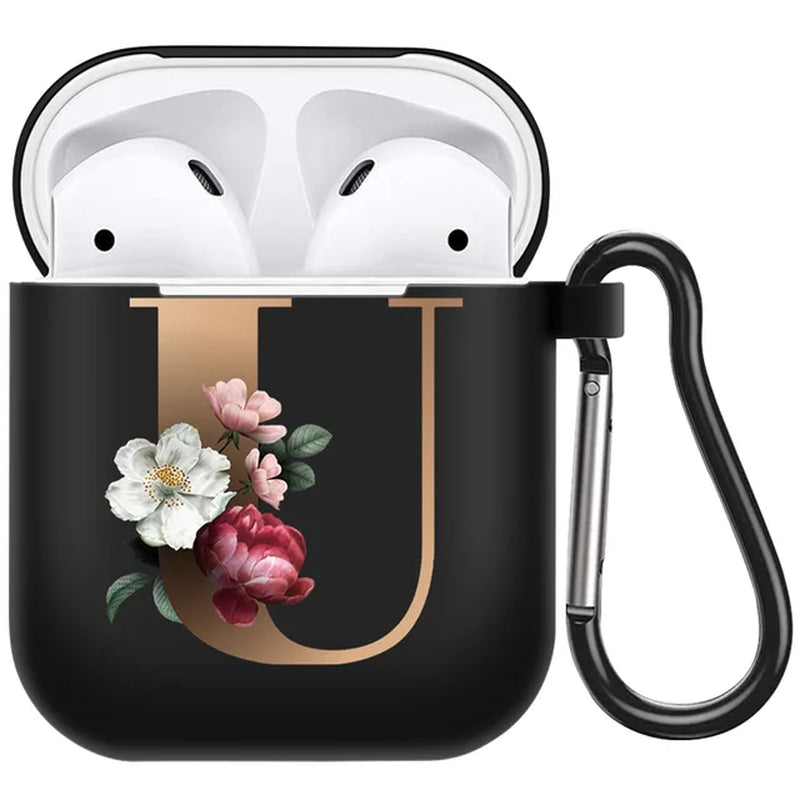 Cute Floral Gold Initial Alphabet Letter Airpods Case for Airpod 2 Cases Silicone Wireless Charging Earphone Cover Matte Black