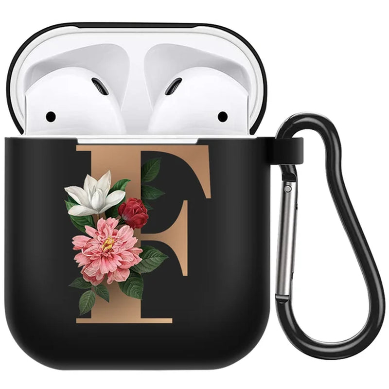 Cute Floral Gold Initial Alphabet Letter Airpods Case for Airpod 2 Cases Silicone Wireless Charging Earphone Cover Matte Black