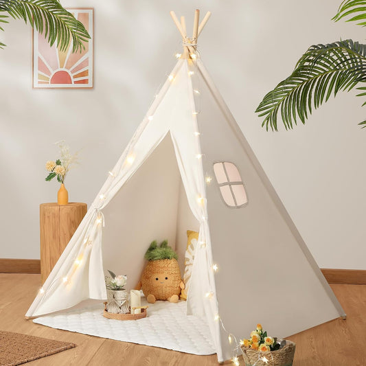 Teepee Tent for Kids with Carry Case, Natural Canvas Teepee Play Tent, Toys for Girls/Boys Indoor & Outdoor Playing (White Teepee Tent)