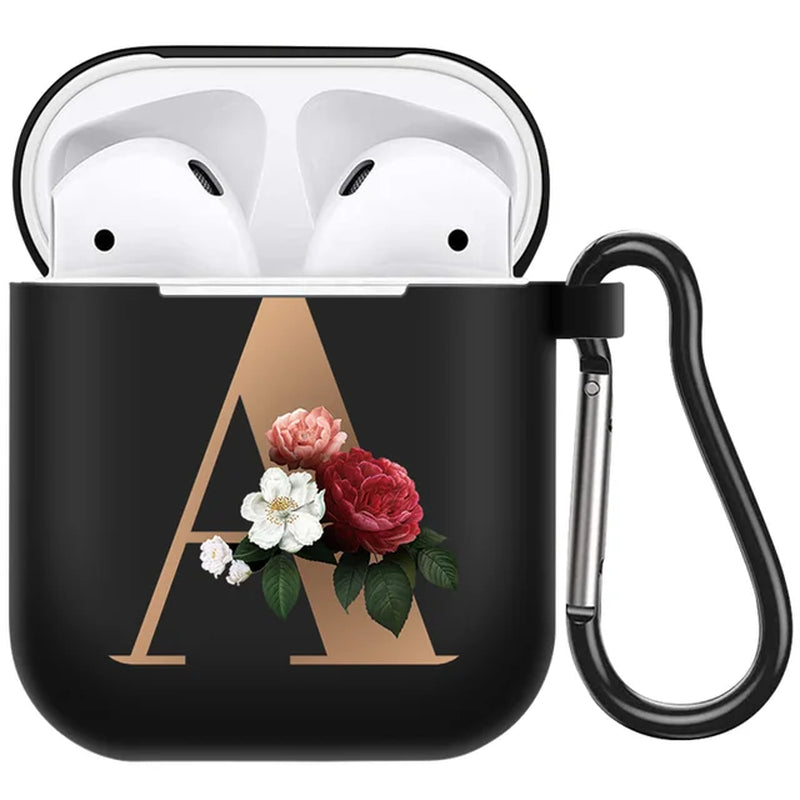 Cute Floral Gold Initial Alphabet Letter Airpods Case for Airpod 2 Cases Silicone Wireless Charging Earphone Cover Matte Black