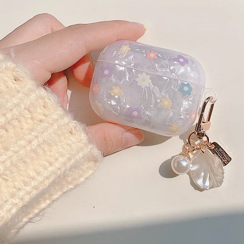 Green Marble Colored Flowers Leopard Print Shell for Airpods Case Cute Bluttooth Earphone Cover for Airpods 2 3 Pearl Keychain