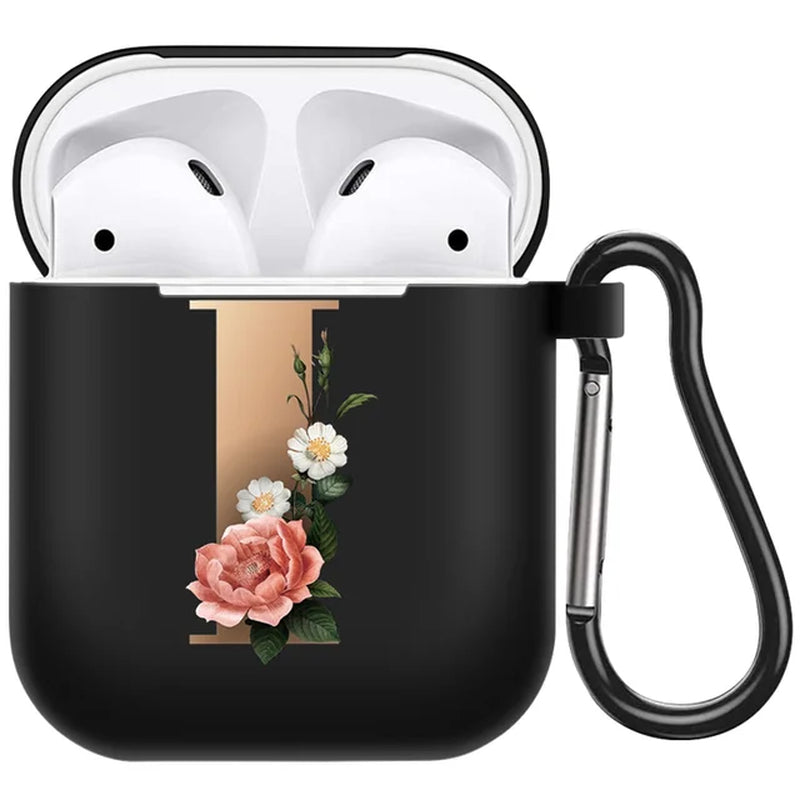 Cute Floral Gold Initial Alphabet Letter Airpods Case for Airpod 2 Cases Silicone Wireless Charging Earphone Cover Matte Black