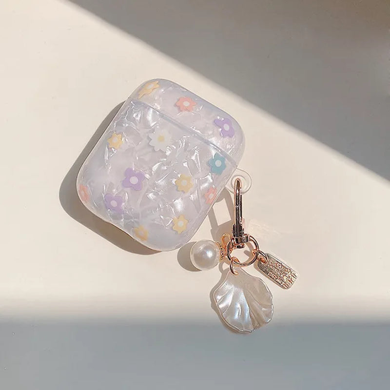 Green Marble Colored Flowers Leopard Print Shell for Airpods Case Cute Bluttooth Earphone Cover for Airpods 2 3 Pearl Keychain