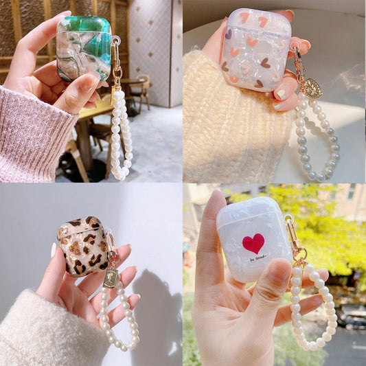 Green Marble Colored Flowers Leopard Print Shell for Airpods Case Cute Bluttooth Earphone Cover for Airpods 2 3 Pearl Keychain