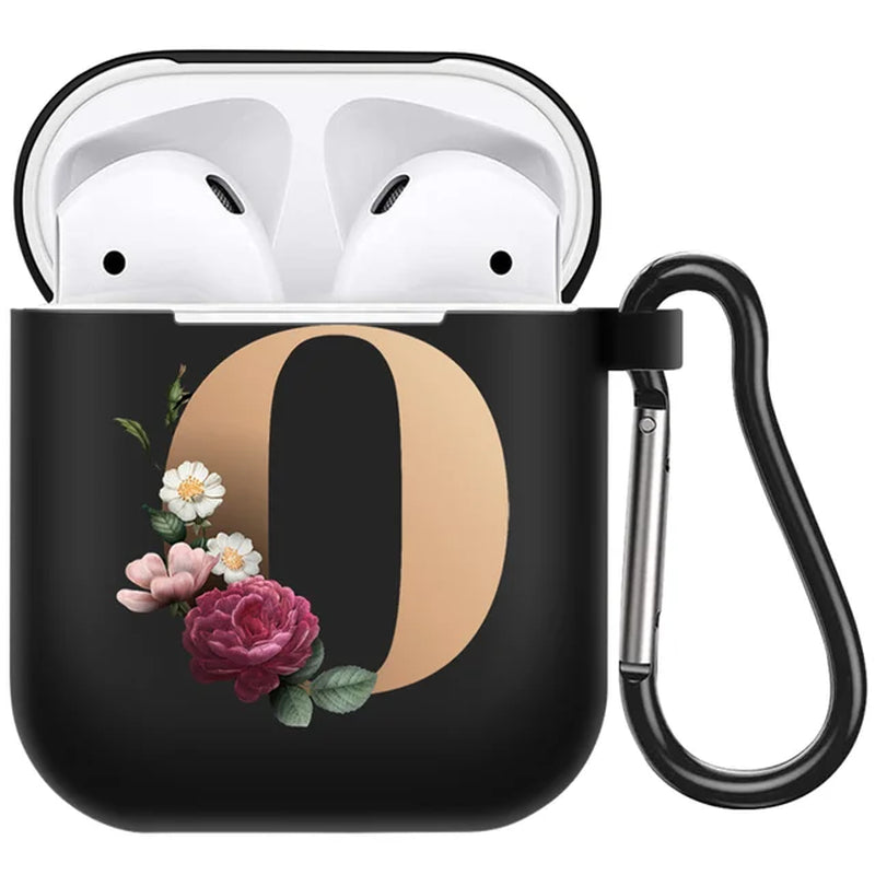 Cute Floral Gold Initial Alphabet Letter Airpods Case for Airpod 2 Cases Silicone Wireless Charging Earphone Cover Matte Black