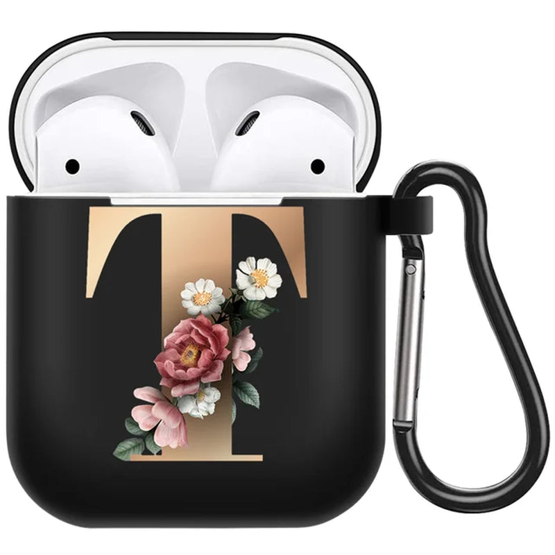 Cute Floral Gold Initial Alphabet Letter Airpods Case for Airpod 2 Cases Silicone Wireless Charging Earphone Cover Matte Black