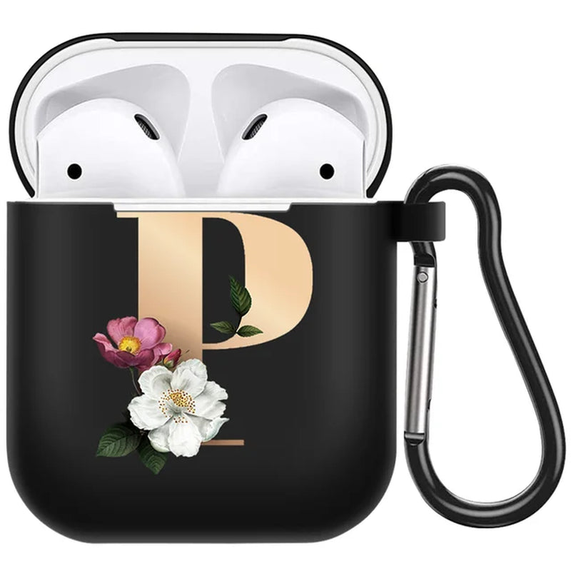 Cute Floral Gold Initial Alphabet Letter Airpods Case for Airpod 2 Cases Silicone Wireless Charging Earphone Cover Matte Black