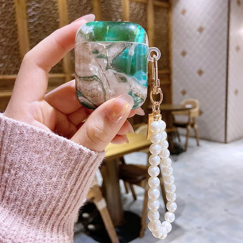 Green Marble Colored Flowers Leopard Print Shell for Airpods Case Cute Bluttooth Earphone Cover for Airpods 2 3 Pearl Keychain