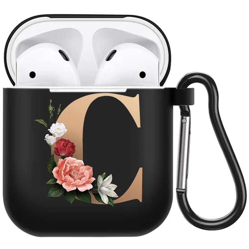 Cute Floral Gold Initial Alphabet Letter Airpods Case for Airpod 2 Cases Silicone Wireless Charging Earphone Cover Matte Black