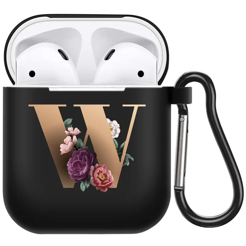 Cute Floral Gold Initial Alphabet Letter Airpods Case for Airpod 2 Cases Silicone Wireless Charging Earphone Cover Matte Black