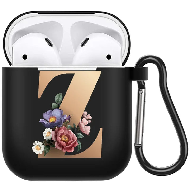 Cute Floral Gold Initial Alphabet Letter Airpods Case for Airpod 2 Cases Silicone Wireless Charging Earphone Cover Matte Black