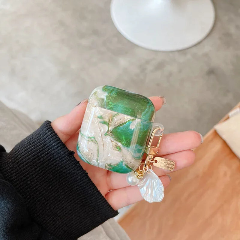 Green Marble Colored Flowers Leopard Print Shell for Airpods Case Cute Bluttooth Earphone Cover for Airpods 2 3 Pearl Keychain