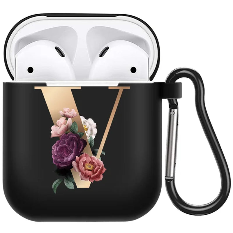 Cute Floral Gold Initial Alphabet Letter Airpods Case for Airpod 2 Cases Silicone Wireless Charging Earphone Cover Matte Black