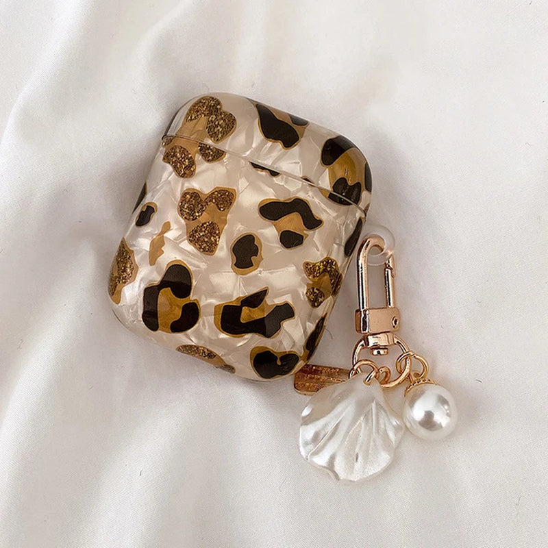 Green Marble Colored Flowers Leopard Print Shell for Airpods Case Cute Bluttooth Earphone Cover for Airpods 2 3 Pearl Keychain