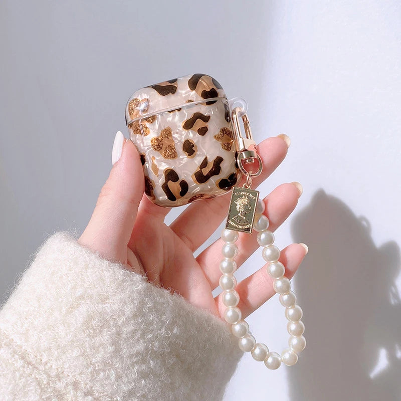 Green Marble Colored Flowers Leopard Print Shell for Airpods Case Cute Bluttooth Earphone Cover for Airpods 2 3 Pearl Keychain