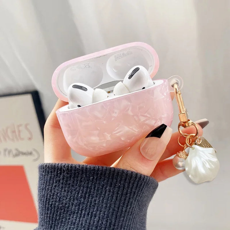 Green Marble Colored Flowers Leopard Print Shell for Airpods Case Cute Bluttooth Earphone Cover for Airpods 2 3 Pearl Keychain