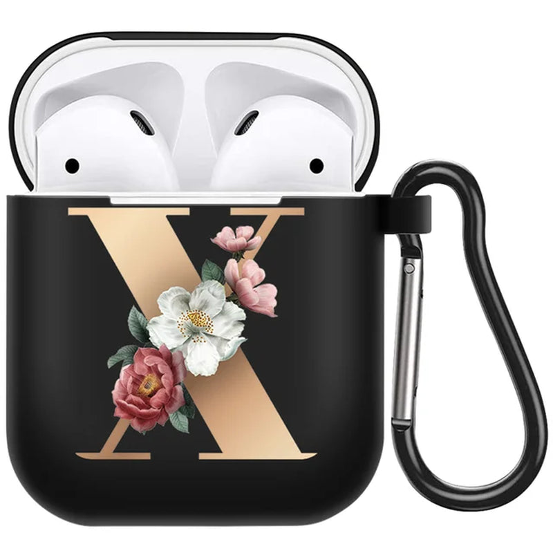 Cute Floral Gold Initial Alphabet Letter Airpods Case for Airpod 2 Cases Silicone Wireless Charging Earphone Cover Matte Black