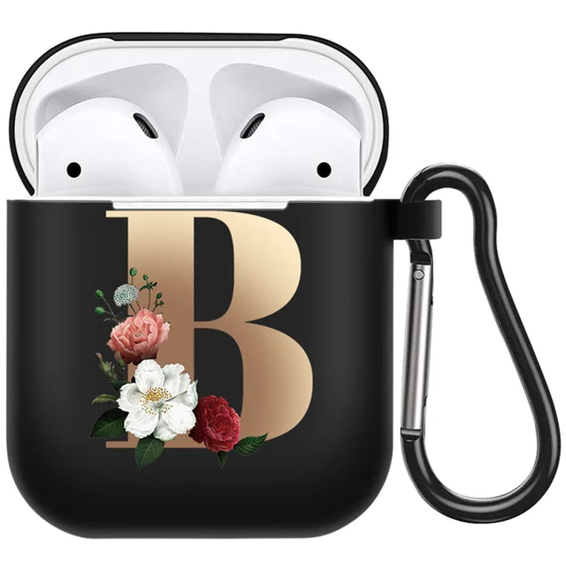 Cute Floral Gold Initial Alphabet Letter Airpods Case for Airpod 2 Cases Silicone Wireless Charging Earphone Cover Matte Black