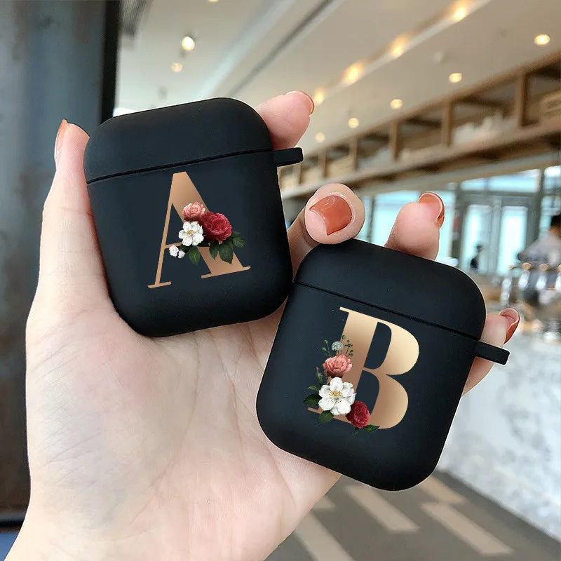 Cute Floral Gold Initial Alphabet Letter Airpods Case for Airpod 2 Cases Silicone Wireless Charging Earphone Cover Matte Black