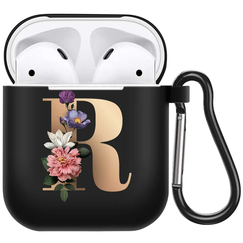 Cute Floral Gold Initial Alphabet Letter Airpods Case for Airpod 2 Cases Silicone Wireless Charging Earphone Cover Matte Black