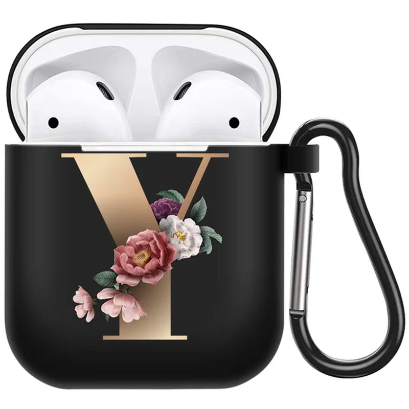 Cute Floral Gold Initial Alphabet Letter Airpods Case for Airpod 2 Cases Silicone Wireless Charging Earphone Cover Matte Black