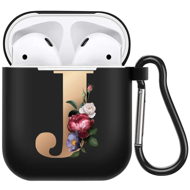 Cute Floral Gold Initial Alphabet Letter Airpods Case for Airpod 2 Cases Silicone Wireless Charging Earphone Cover Matte Black