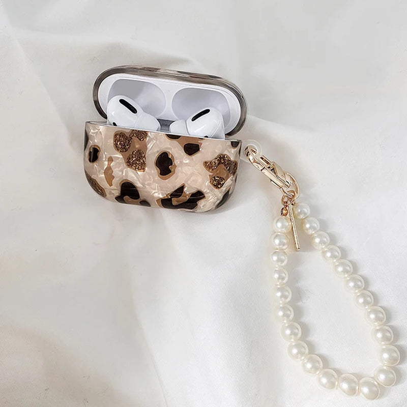 Green Marble Colored Flowers Leopard Print Shell for Airpods Case Cute Bluttooth Earphone Cover for Airpods 2 3 Pearl Keychain