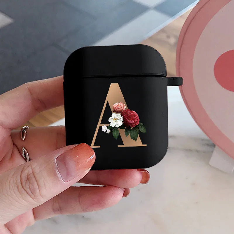 Cute Floral Gold Initial Alphabet Letter Airpods Case for Airpod 2 Cases Silicone Wireless Charging Earphone Cover Matte Black