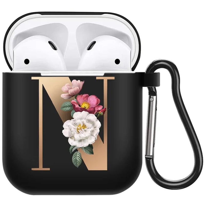 Cute Floral Gold Initial Alphabet Letter Airpods Case for Airpod 2 Cases Silicone Wireless Charging Earphone Cover Matte Black