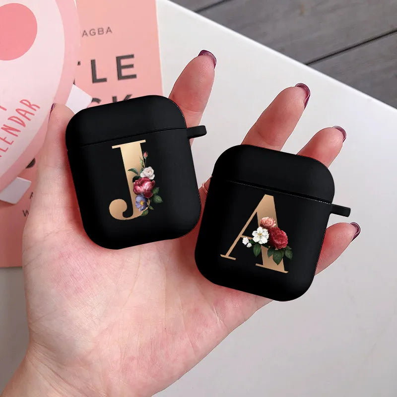 Cute Floral Gold Initial Alphabet Letter Airpods Case for Airpod 2 Cases Silicone Wireless Charging Earphone Cover Matte Black