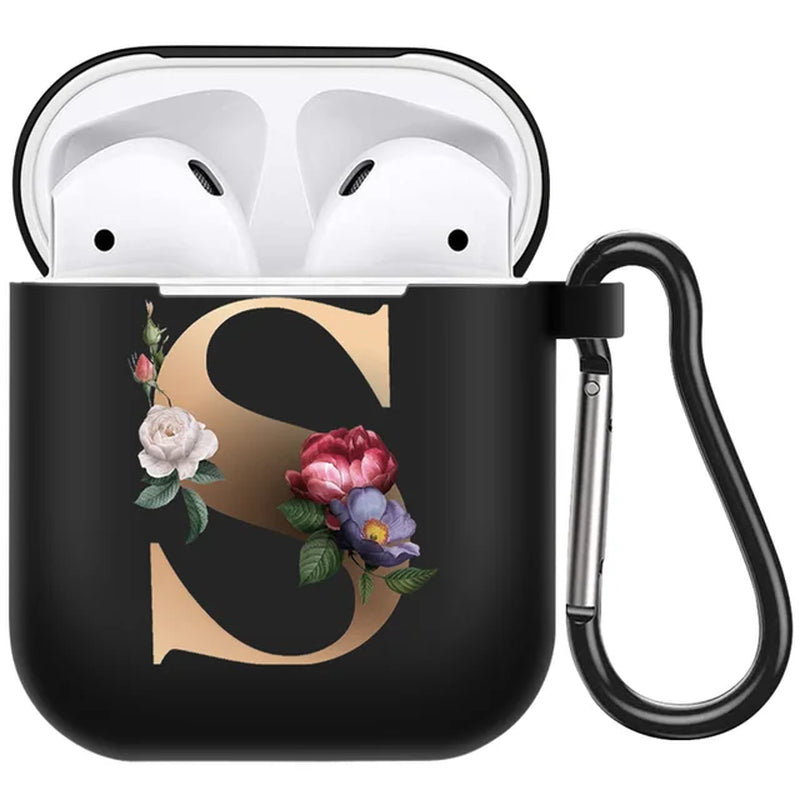 Cute Floral Gold Initial Alphabet Letter Airpods Case for Airpod 2 Cases Silicone Wireless Charging Earphone Cover Matte Black