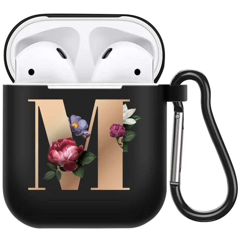 Cute Floral Gold Initial Alphabet Letter Airpods Case for Airpod 2 Cases Silicone Wireless Charging Earphone Cover Matte Black