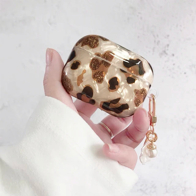 Green Marble Colored Flowers Leopard Print Shell for Airpods Case Cute Bluttooth Earphone Cover for Airpods 2 3 Pearl Keychain