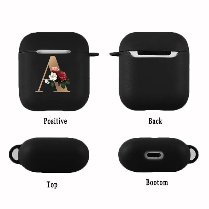 Cute Floral Gold Initial Alphabet Letter Airpods Case for Airpod 2 Cases Silicone Wireless Charging Earphone Cover Matte Black