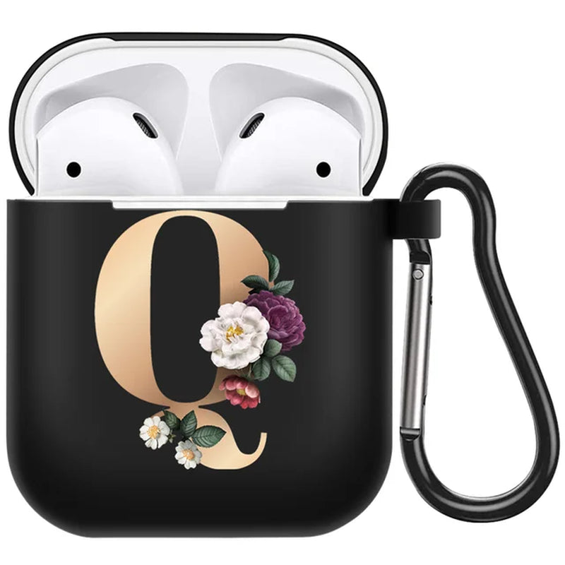 Cute Floral Gold Initial Alphabet Letter Airpods Case for Airpod 2 Cases Silicone Wireless Charging Earphone Cover Matte Black