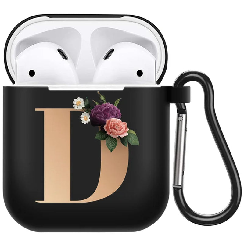 Cute Floral Gold Initial Alphabet Letter Airpods Case for Airpod 2 Cases Silicone Wireless Charging Earphone Cover Matte Black